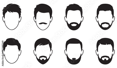 Vector collection of men’s grooming icons, trendy haircut and beard illustrations in outline style
