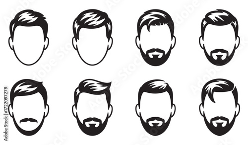 Barber shop icon set, minimalist line art of men’s hairstyles and beard grooming for salon design themes