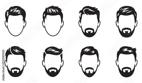 Men hairstyle and beard vector icons, line art illustrations of modern grooming and fashion silhouettes