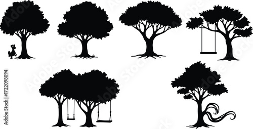 Tree silhouette vector set with swing illustration, nature design, outdoor park clipart, childhood play symbol, landscape graphic art collection