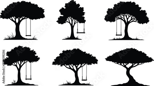 Tree silhouette with swing vector illustration set, nature design, outdoor landscape clipart, park tree graphic, childhood play symbol art