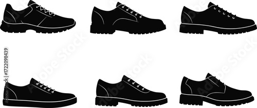 Vector illustration of different shoe silhouettes including casual sneakers, leather shoes, formal footwear, stylish design, modern fashion accessories collection