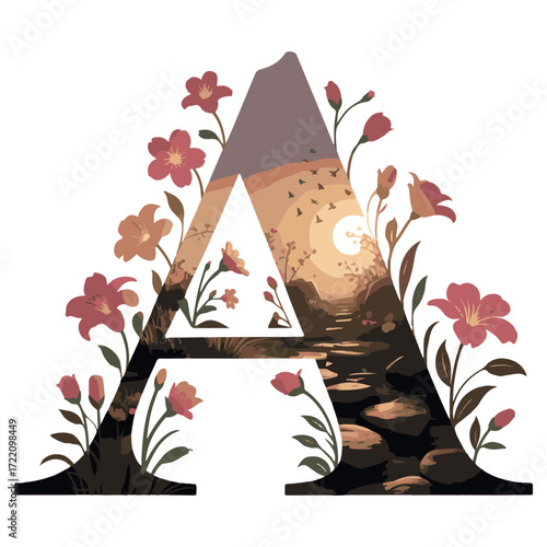 Elegant letter a adorned with blooming red flowers and a serene sunset reflection on water within the letterform