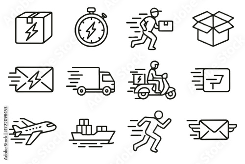 Man letter express package air courier vector lines delivery fast stopwatch icon