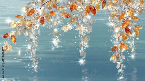   A painting depicts leaves dangling from a tree above a reflective body of water mirroring the sky above