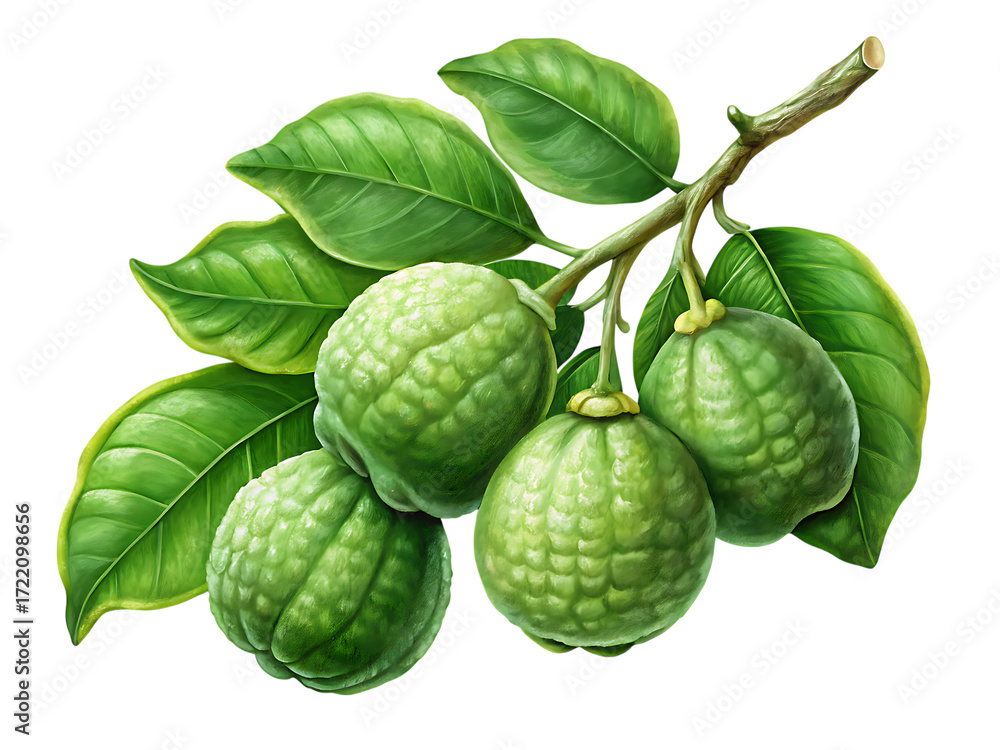 Obraz premium Illustration of a bergamot branch with green leaves and fruits isolated on transparent background