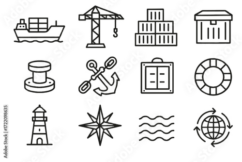 Waves lighthouse global icons icon chain seagull dock trade compass storage vector