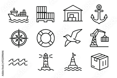 Icons cargo warehouse anchor navigation vector sea lighthouse storage transport dock lifebuoy