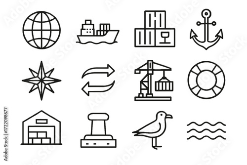 Export anchor icons vector shipping storage crane stacked bollard lifebuoy waves dock