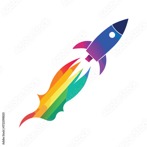 olorful Rocket Launch with Rainbow Flames. Symbol of Business Growth and Innovation