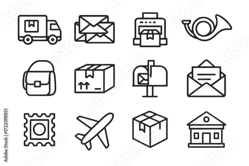 Logistics sorting mail building ribbon postal box horn icons office parcel vector