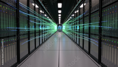 3d rendered animation of a datacenter with an abstract AI object in the center being built up.