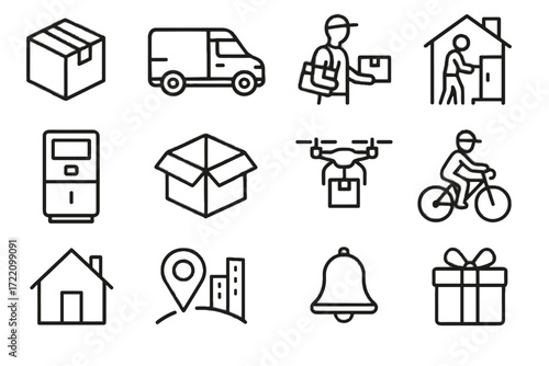 Courier e commerce delivery package vector bicycle mailbox box notification city icon