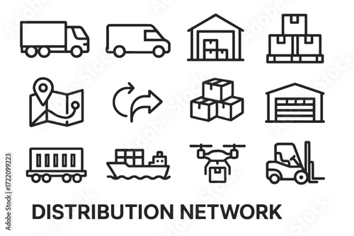 Freight distribution vector truck logistics forklift map container icons boxes drone icon