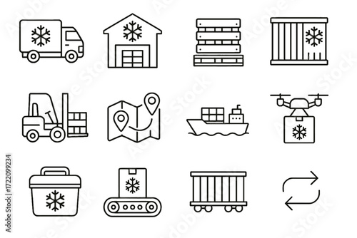 Icon warehouse map vector box ship truck chain arrows cold conveyor pallet