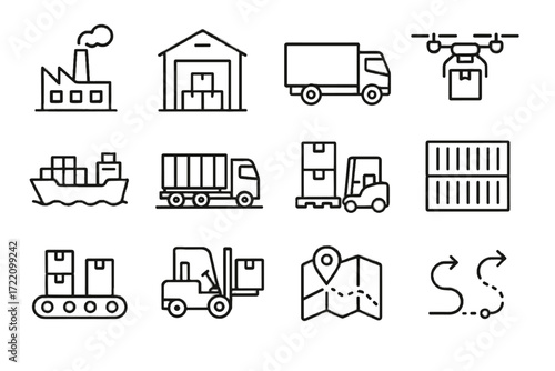 Train supply factory vector map ship icons drone chain boxes stack icon