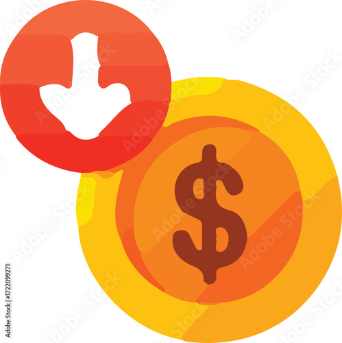 Red circle with white arrow pointing down over a gold coin with dollar sign