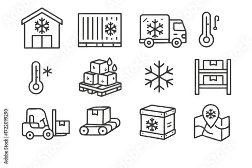 Refrigerated freezer icons ice belt conveyor logistics icon warehouse pallet cargo map