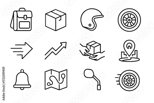 Trail motion icon delivery wheels box route bell map vector set arrow