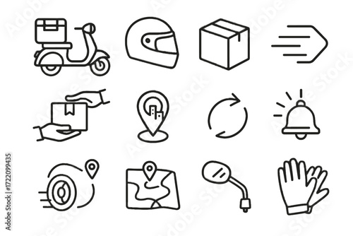 Mirror box pin package route food icon city vector arrow delivery scooter