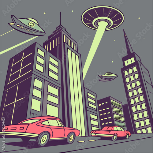 Retro cartoon illustration of a UFO alien invasion with flying saucers beaming light over a futuristic city with vintage cars.