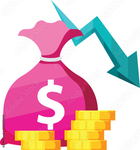 Pink money bag with dollar sign and falling arrow and coins