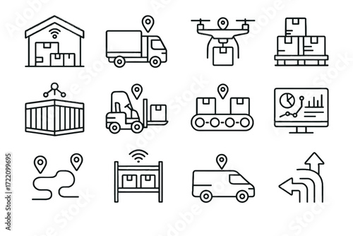 Smart delivery route supply logistics van conveyor icon pallet truck stack chain