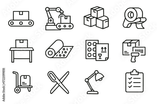 Inventory automated parcel scissors cardboard tape icon clipboard vector scanner icons packing