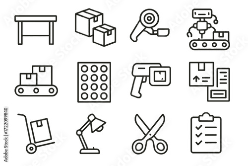 Shipping icons scanner clipboard icon parcel set belt labels packing scissors vector