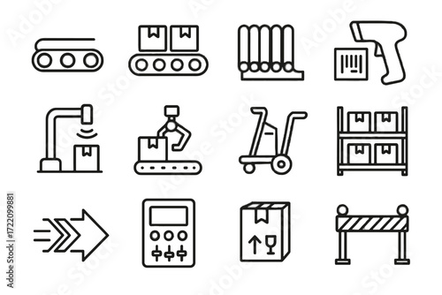Barcode vector sensor package delivery arm conveyor belt icon safety icons warehouse