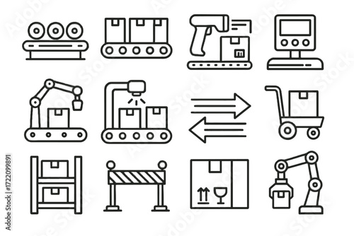 Icons vector automated sensor barrier delivery arm packages icon labels conveyor panel