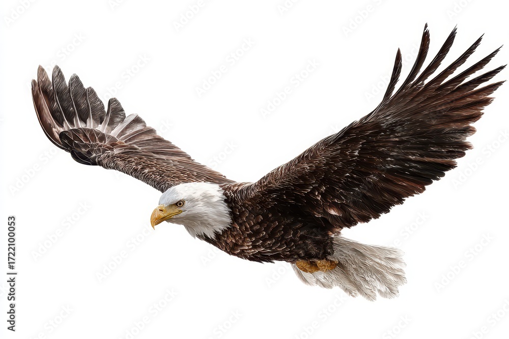 Fototapeta premium American bald eagle soaring majestically through the sky with wings fully spread in clear daylight