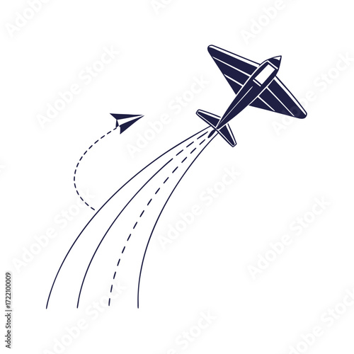 Paper Plane Following an Airplane's Path, Symbol of Ambition and Progress.
