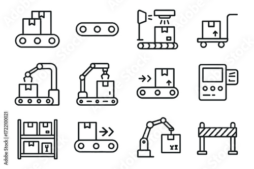 Arm scanner vector icons warehouse mechanical icon conveyor rollers barcode logistics automated