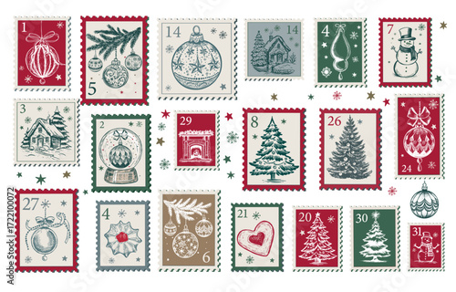 Christmas Stamps, mail, Advent calendar, postcard hand drawn illustrations.