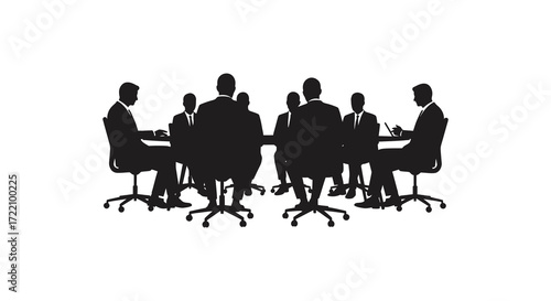 A group of silhouetted business professionals are meeting around a table