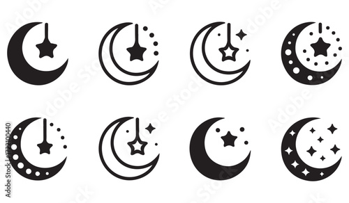 Black and white crescent moon icons, astronomy and astrology outline symbols for cosmic design