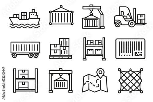 Container forklift yard storage stack label shipping gate vector global icon ship
