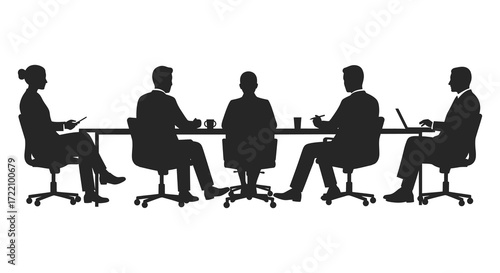 Silhouettes of people sitting around a conference table in a meeting