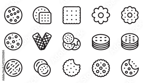 Minimalist cookie and cracker vector pack, outline illustrations of dessert, snack, and baked treats