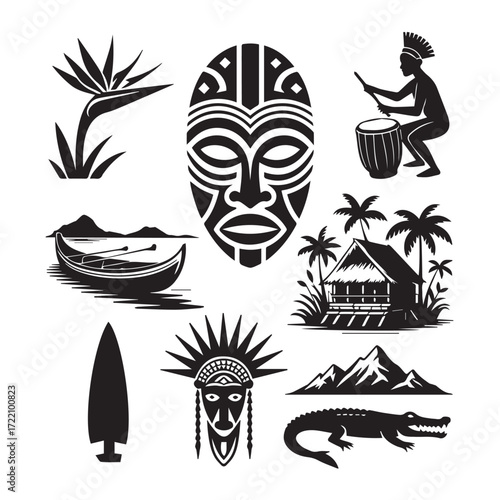 Collection of african cultural symbols and natural elements including tribal masks a bird of paradise a drummer a village hut a canoe mountains and a crocodile silhouette