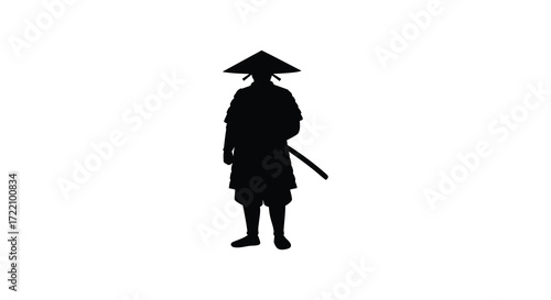Silhouette of a samurai warrior wearing a traditional conical hat