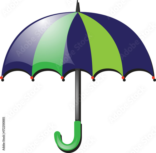 Open umbrella with alternating green and blue canopy panels, isolated on white.