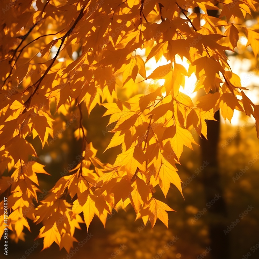 Fototapeta premium Orange Autumn Leaves on Sunlit Tree Branch