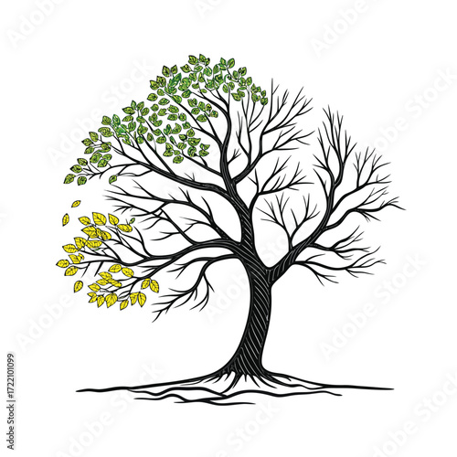 Tree of Seasons Illustration Life Cycle, Growth, and Nature Change Concept with Green, Yellow, and Bare Branches