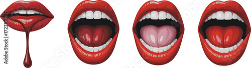 Red lips illustration, open mouth, tongue detail, teeth expression, saliva drip, cartoon style, vector icon, graphic design, pop art emotion