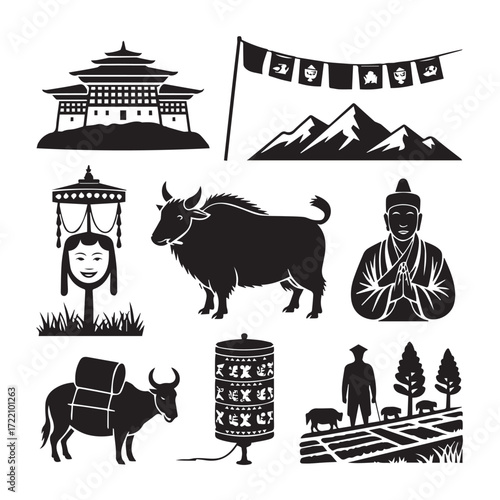 Collection of bhutanese cultural symbols including a dzong monastery prayer flags mountains yak traditional clothing and rural landscape illustrations