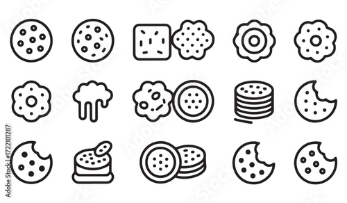 Cookie and biscuit vector icons set, line art illustrations of crackers, chocolate chips, and sweet treats