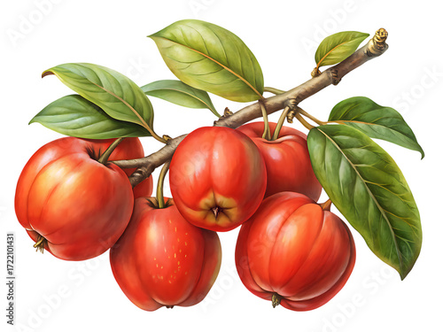 Branch of ripe red crabapples with green leaves isolated on transparent background, botanical illustration