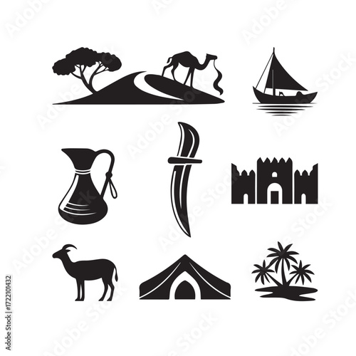Collection of black silhouette icons representing desert life and culture including camels a dhow boat a jug a dagger a fort a sheep a tent and palm trees